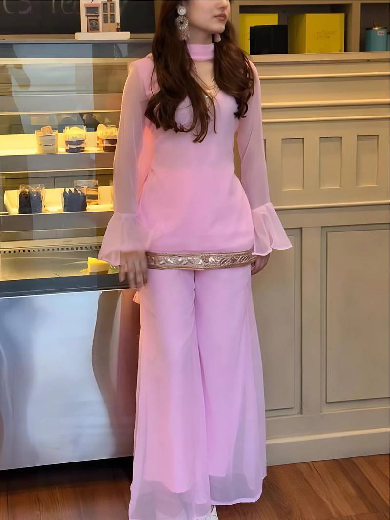 Pink georgette embroidery lace border work kurta palazzo set