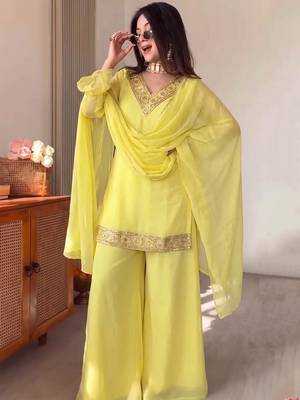 Yellow georgette embroidery lace border work kurta palazzo set 1