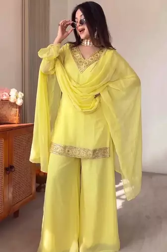 Yellow georgette embroidery lace border work kurta palazzo set