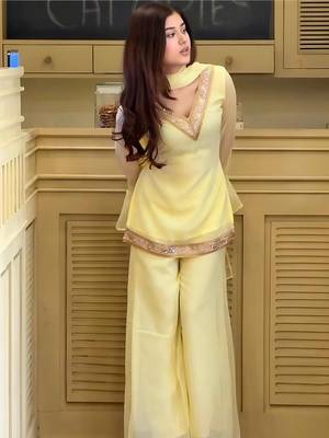 Yellow georgette embroidery lace border work kurta palazzo set 2