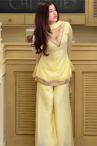 Yellow georgette embroidery lace border work kurta palazzo set