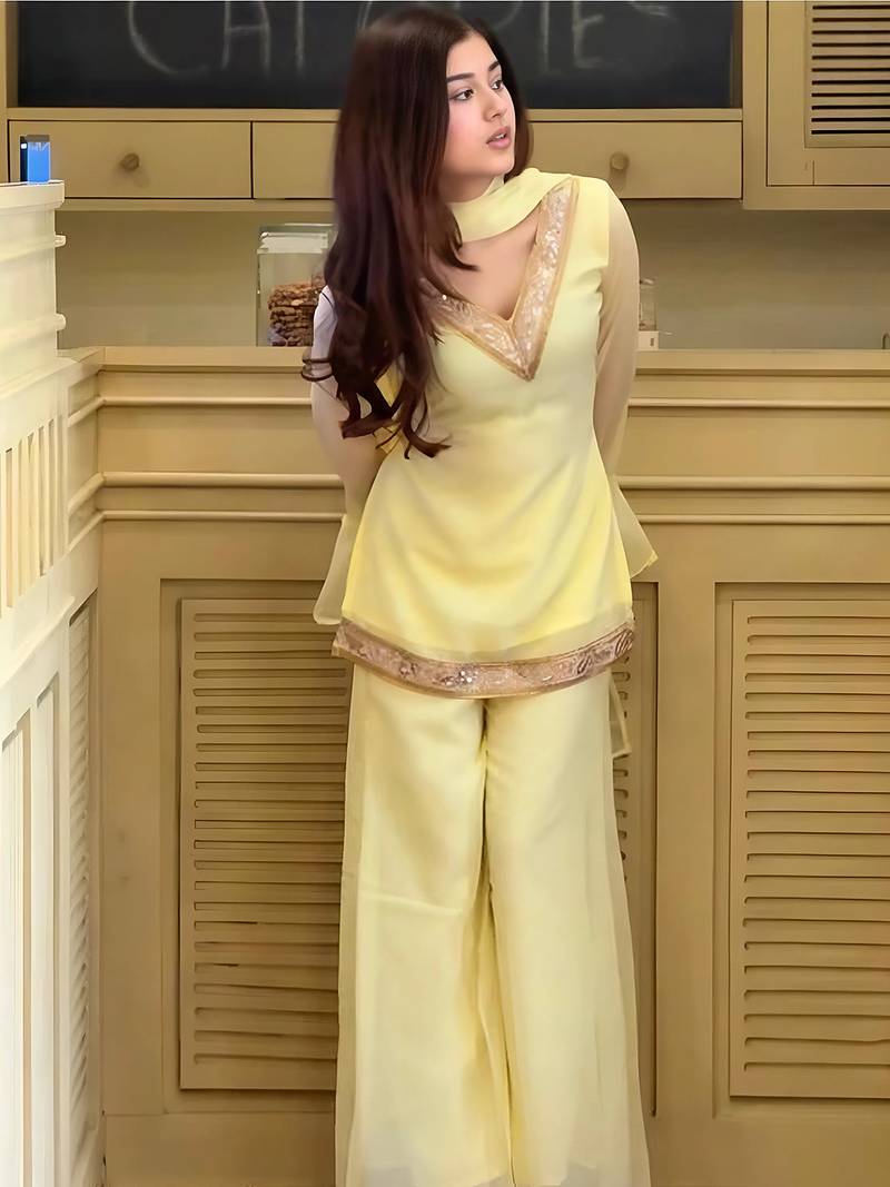 Yellow georgette embroidery lace border work kurta palazzo set