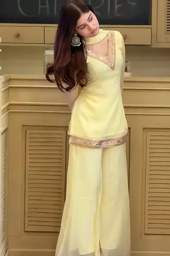 Yellow georgette embroidery lace border work kurta palazzo set