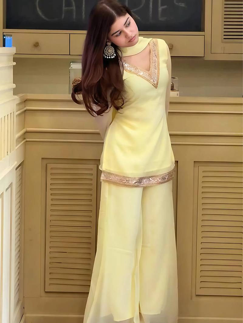 Yellow georgette embroidery lace border work kurta palazzo set