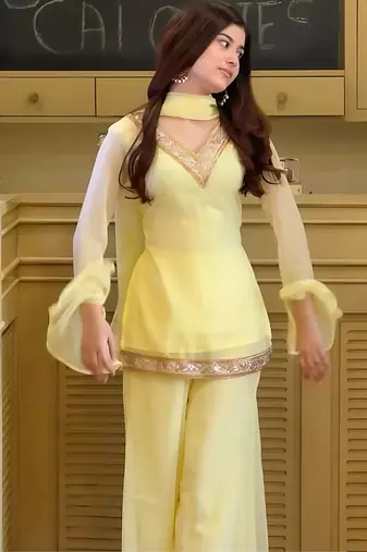 Yellow georgette embroidery lace border work kurta palazzo set