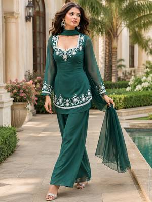 Green georgette heavy thread embroidery work kurta palazzo set 1