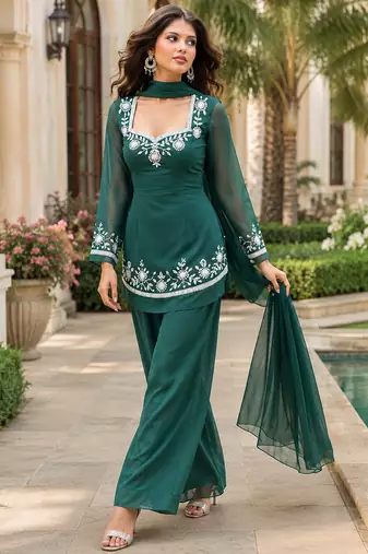Green georgette heavy thread embroidery work kurta palazzo set