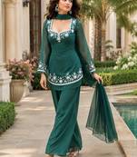 Green georgette heavy thread embroidery work kurta palazzo set