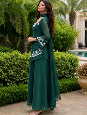 Green georgette heavy thread embroidery work kurta palazzo set 2
