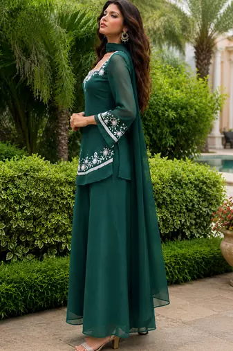 Green georgette heavy thread embroidery work kurta palazzo set