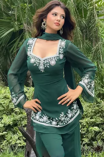 Green georgette heavy thread embroidery work kurta palazzo set