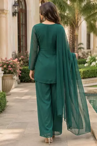 Green georgette heavy thread embroidery work kurta palazzo set