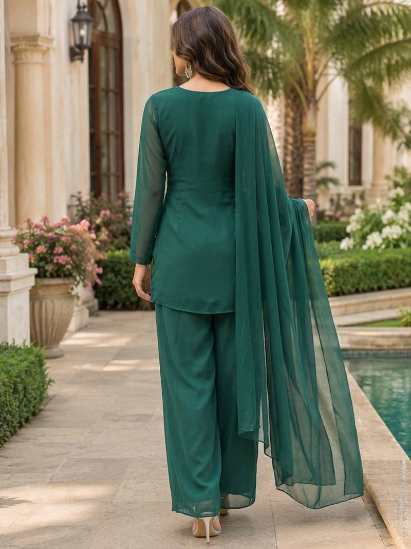 Green georgette heavy thread embroidery work kurta palazzo set