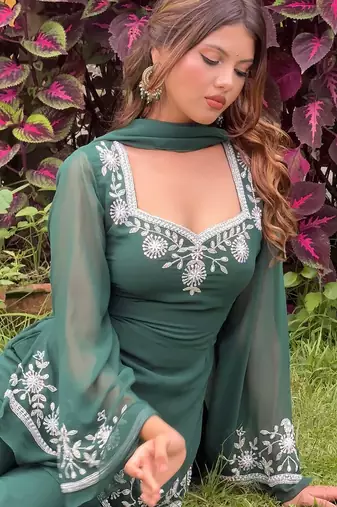 Green georgette heavy thread embroidery work kurta palazzo set