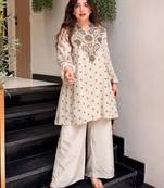 Cream silk crepe heavy thread embroidery work kurta with palazzo