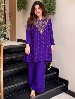 Purple silk crepe heavy thread embroidery work kurta with palazzo 1