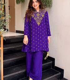 Purple silk crepe heavy thread embroidery work kurta with palazzo