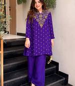 Purple silk crepe heavy thread embroidery work kurta with palazzo