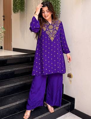 Purple silk crepe heavy thread embroidery work kurta with palazzo 2