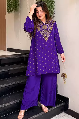 Purple silk crepe heavy thread embroidery work kurta with palazzo