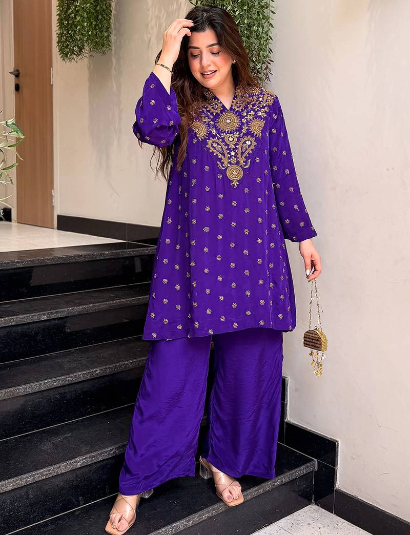 Purple silk crepe heavy thread embroidery work kurta with palazzo