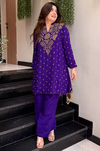 Purple silk crepe heavy thread embroidery work kurta with palazzo