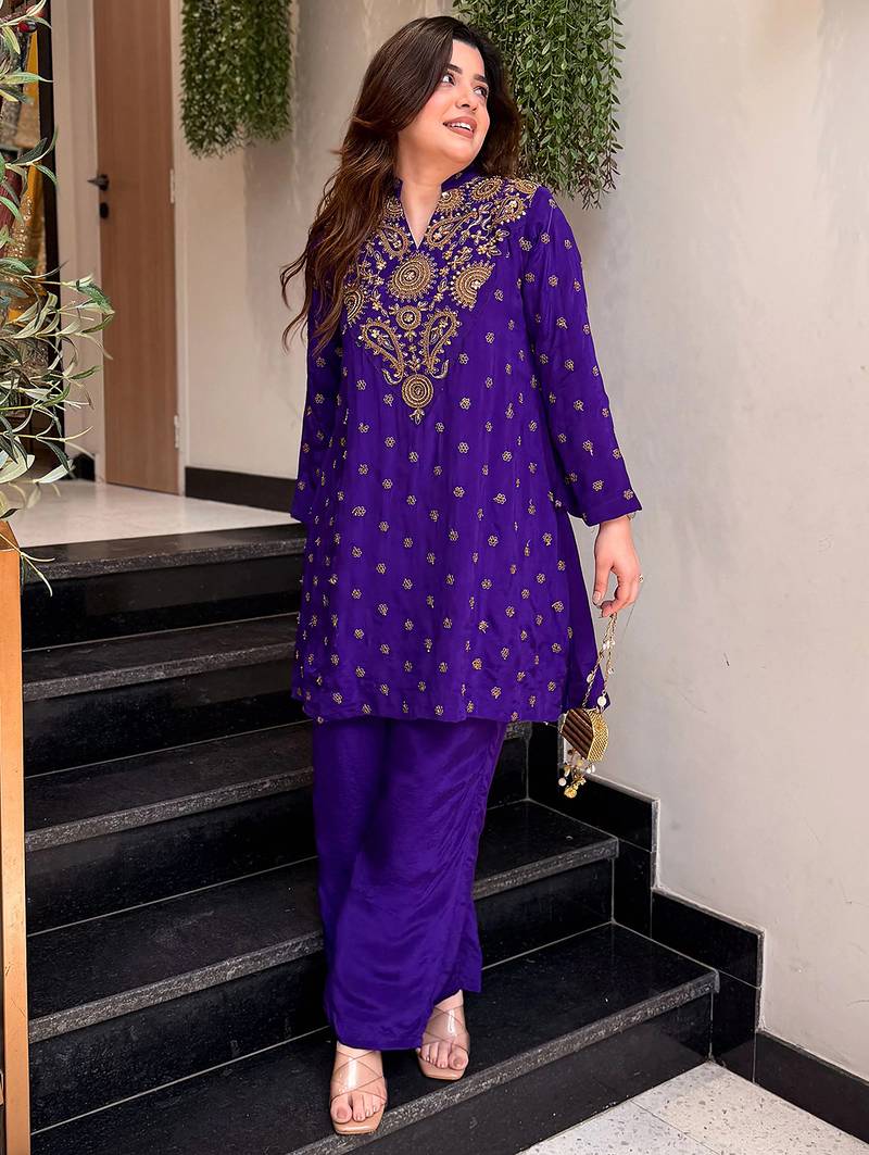 Purple silk crepe heavy thread embroidery work kurta with palazzo