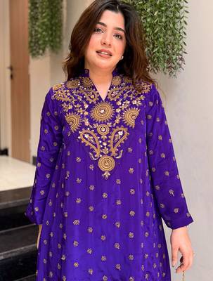 Purple silk crepe heavy thread embroidery work kurta with palazzo 4