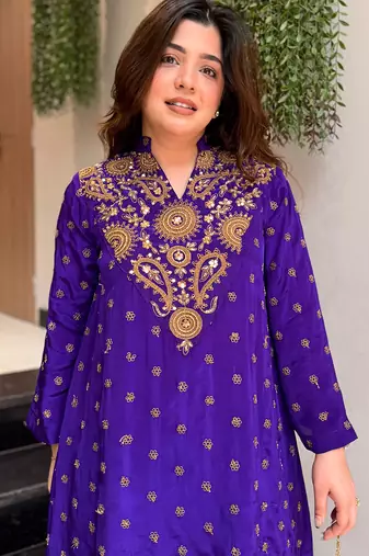 Purple silk crepe heavy thread embroidery work kurta with palazzo