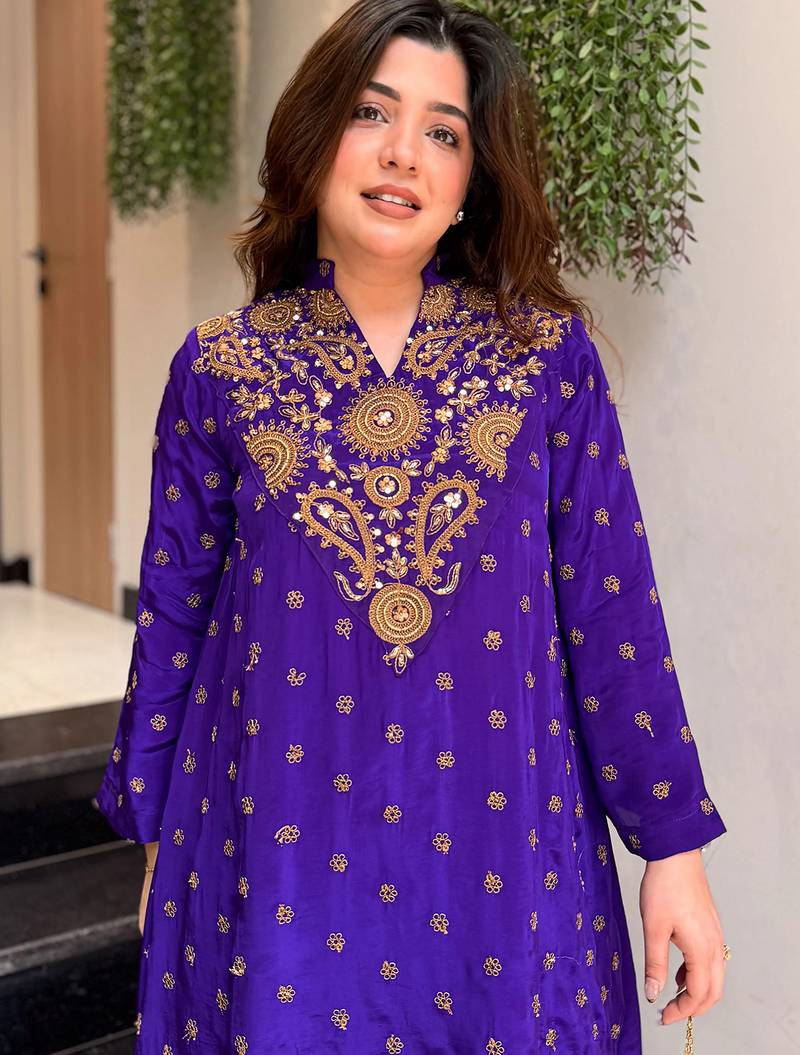 Purple silk crepe heavy thread embroidery work kurta with palazzo