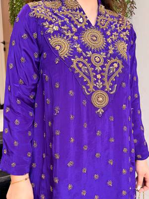 Purple silk crepe heavy thread embroidery work kurta with palazzo 5
