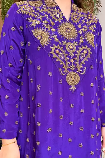 Purple silk crepe heavy thread embroidery work kurta with palazzo