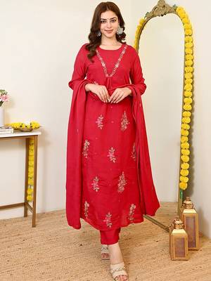 Red mull chanderi heavy thread embroidery work kurta pant set 1