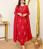 Red mull chanderi heavy thread embroidery work kurta pant set