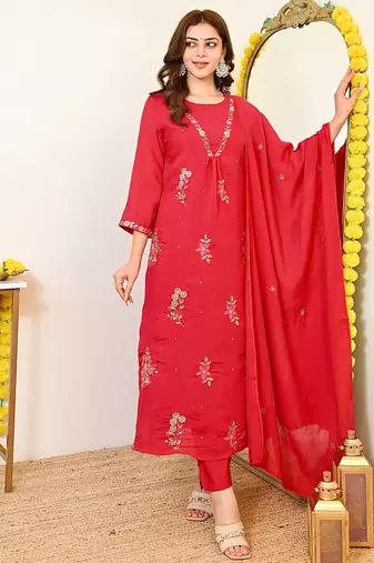 Red mull chanderi heavy thread embroidery work kurta pant set