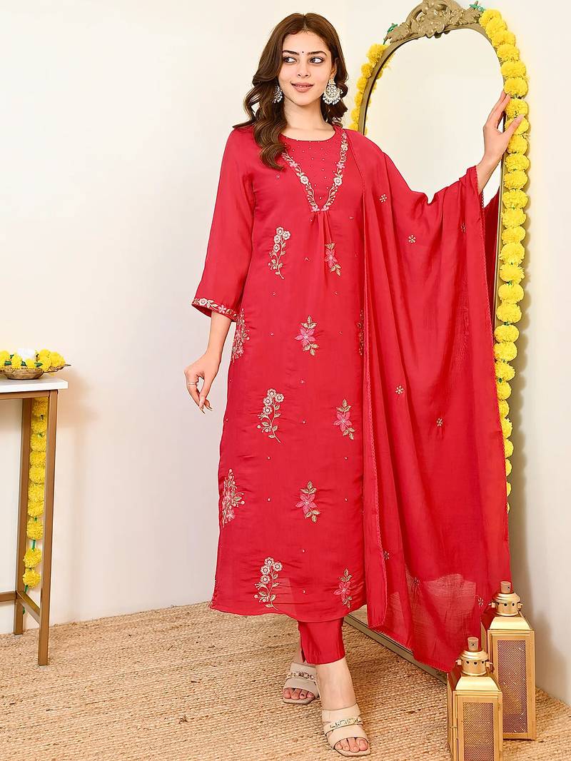 Red mull chanderi heavy thread embroidery work kurta pant set