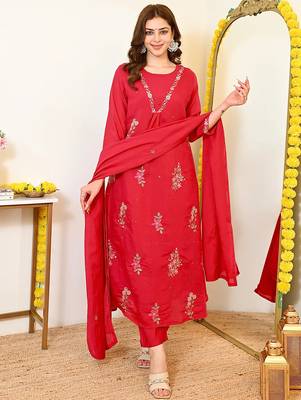 Red mull chanderi heavy thread embroidery work kurta pant set 3