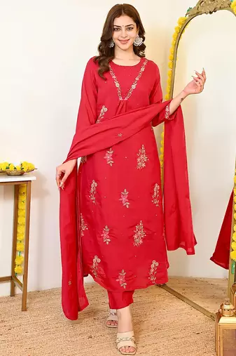 Red mull chanderi heavy thread embroidery work kurta pant set