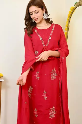 Red mull chanderi heavy thread embroidery work kurta pant set