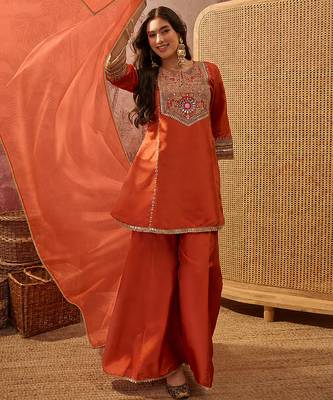 Orange french crepe heavy thread embroidery work kurta palazzo set 1