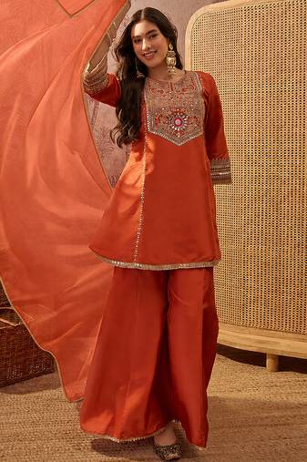 Orange french crepe heavy thread embroidery work kurta palazzo set