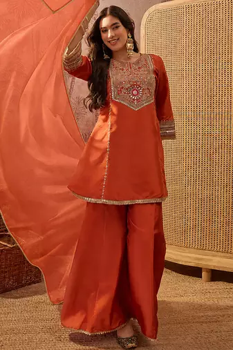 Orange french crepe heavy thread embroidery work kurta palazzo set