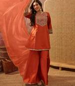 Orange french crepe heavy thread embroidery work kurta palazzo set