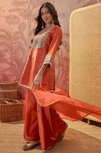 Orange french crepe heavy thread embroidery work kurta palazzo set