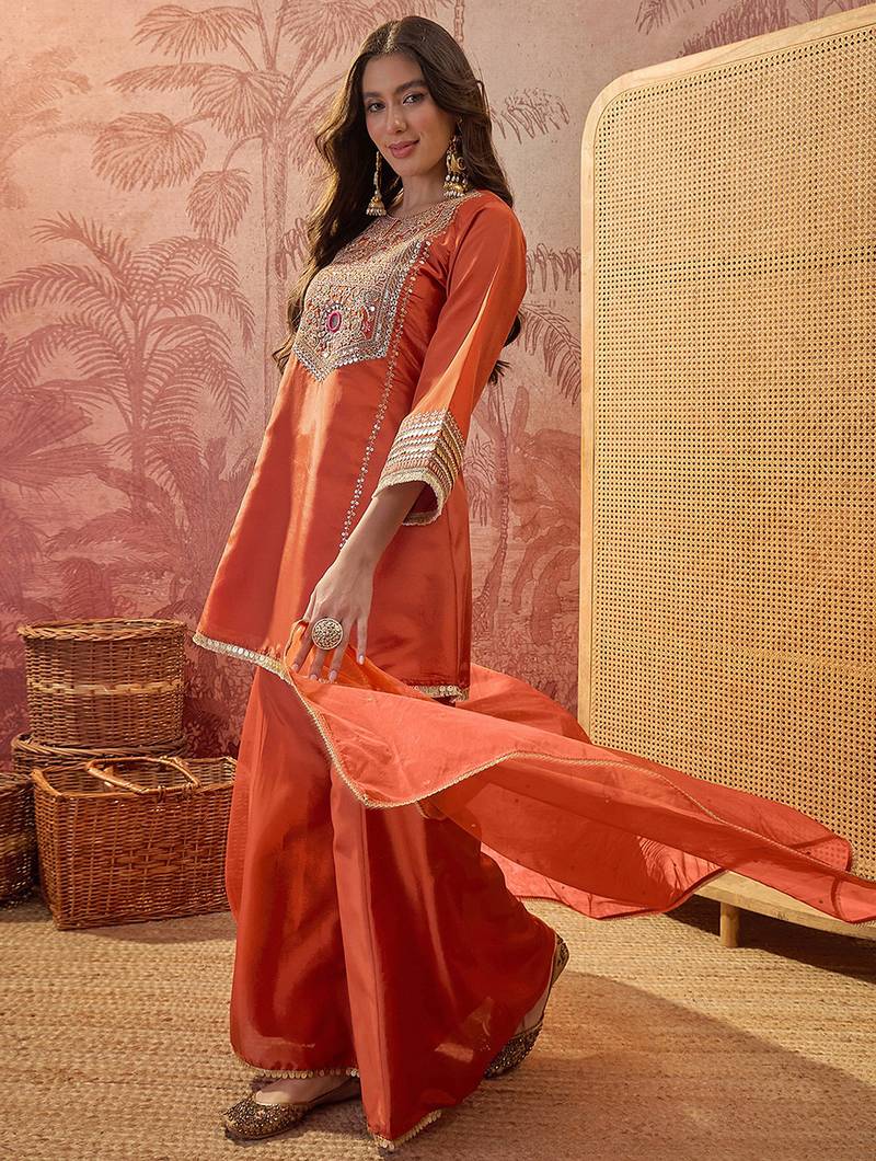 Orange french crepe heavy thread embroidery work kurta palazzo set