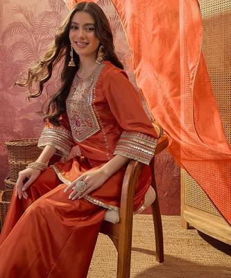 Orange french crepe heavy thread embroidery work kurta palazzo set 3