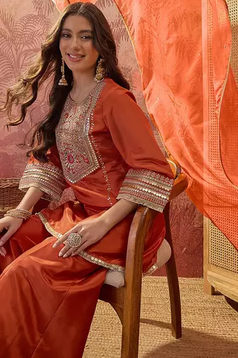 Orange french crepe heavy thread embroidery work kurta palazzo set
