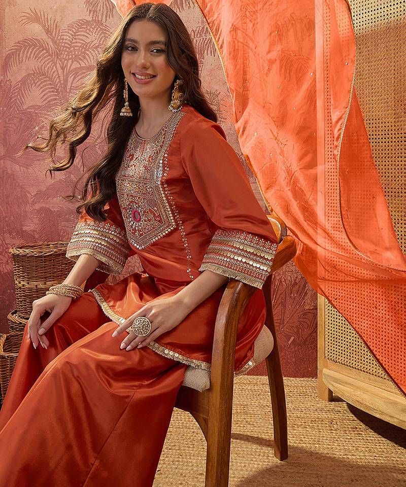 Orange french crepe heavy thread embroidery work kurta palazzo set