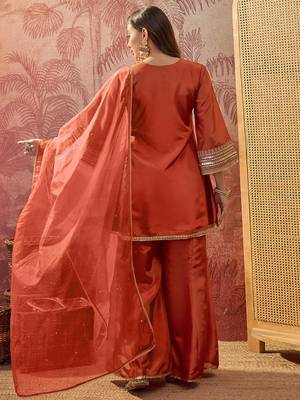 Orange french crepe heavy thread embroidery work kurta palazzo set 4
