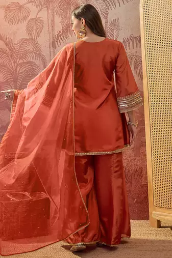 Orange french crepe heavy thread embroidery work kurta palazzo set
